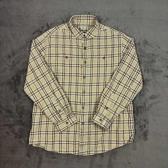 Vintage LL Bean Flannel Shirt Mens Large Tan Twill Plaid Outdoor Work - Picture 1 of 8